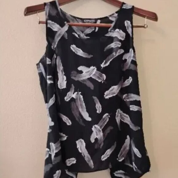 Express Women's Black White Sheer Sleeveless Top Size Large Feather Print - Picture 1 of 7
